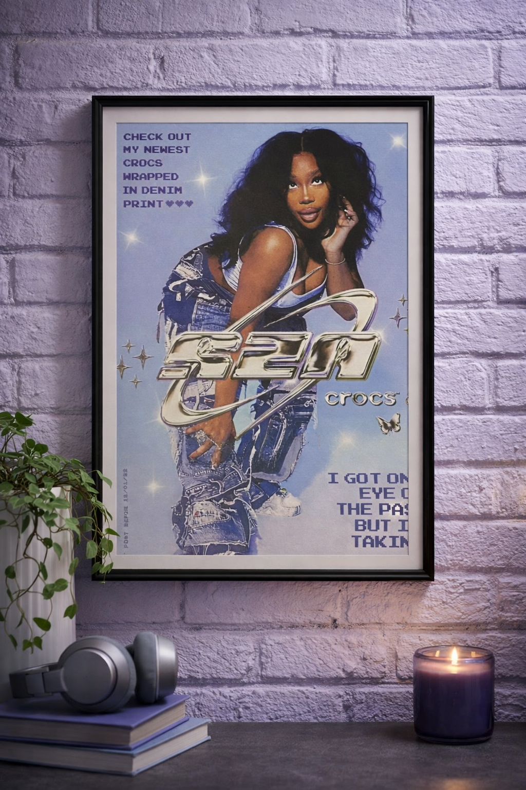 SZA Crocs with lavender backdrop